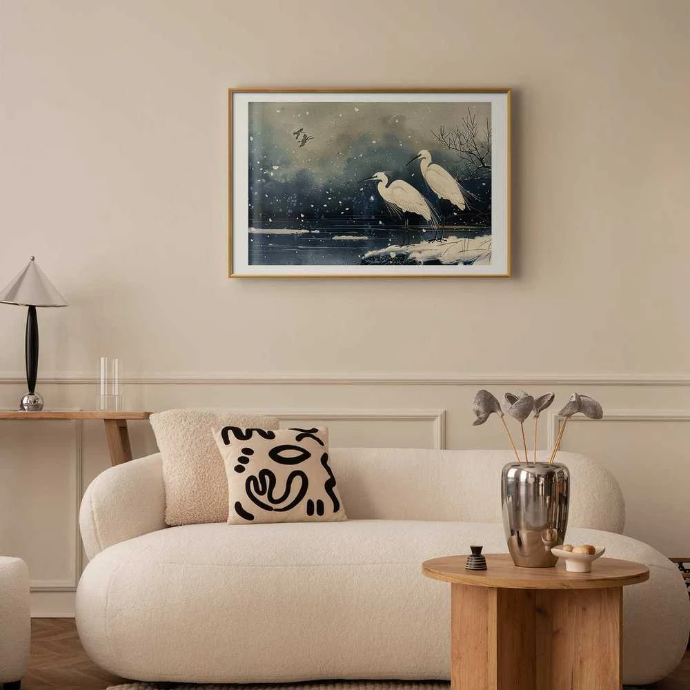 Artgeist Plakatas - Herons over a Winter Pond - illustration in the Japanese style in dark colors