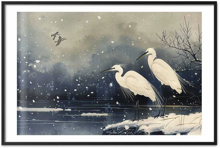 Artgeist Plakatas - Herons over a Winter Pond - illustration in the Japanese style in dark colors