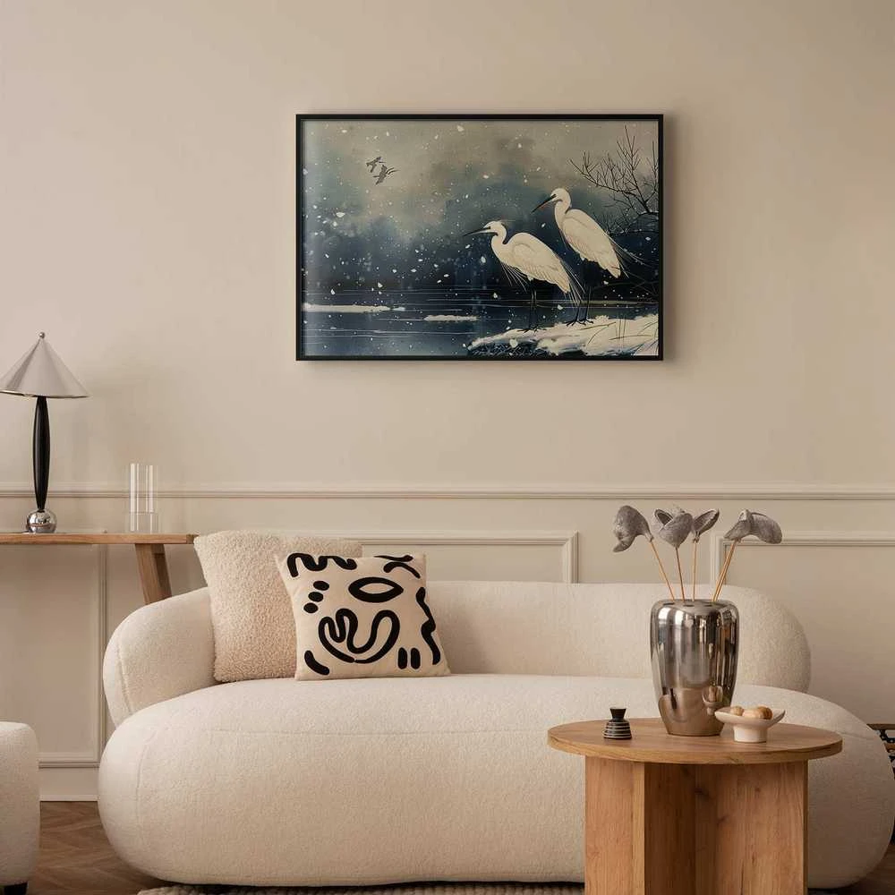 Artgeist Plakatas - Herons over a Winter Pond - illustration in the Japanese style in dark colors