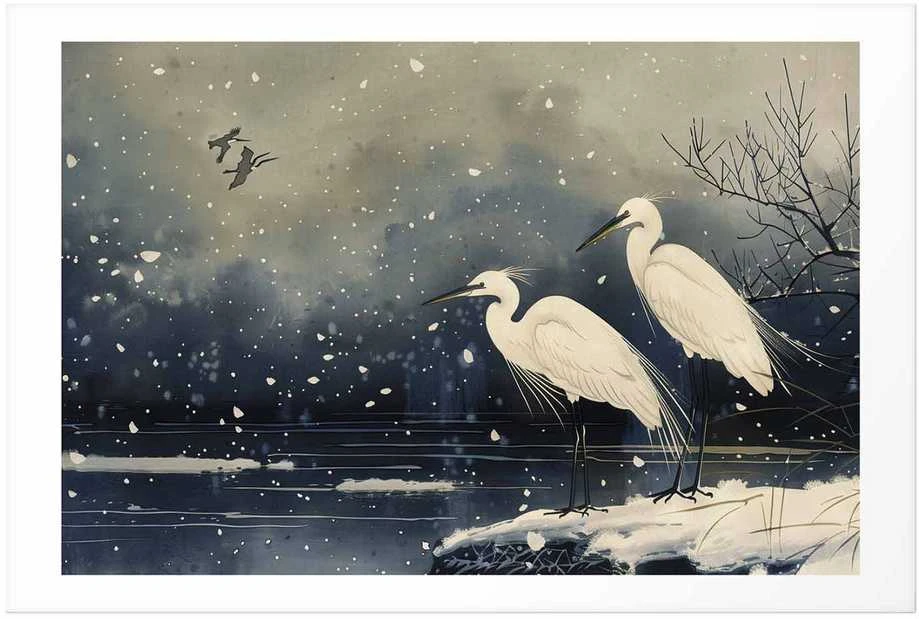 Artgeist Plakatas - Herons over a Winter Pond - illustration in the Japanese style in dark colors