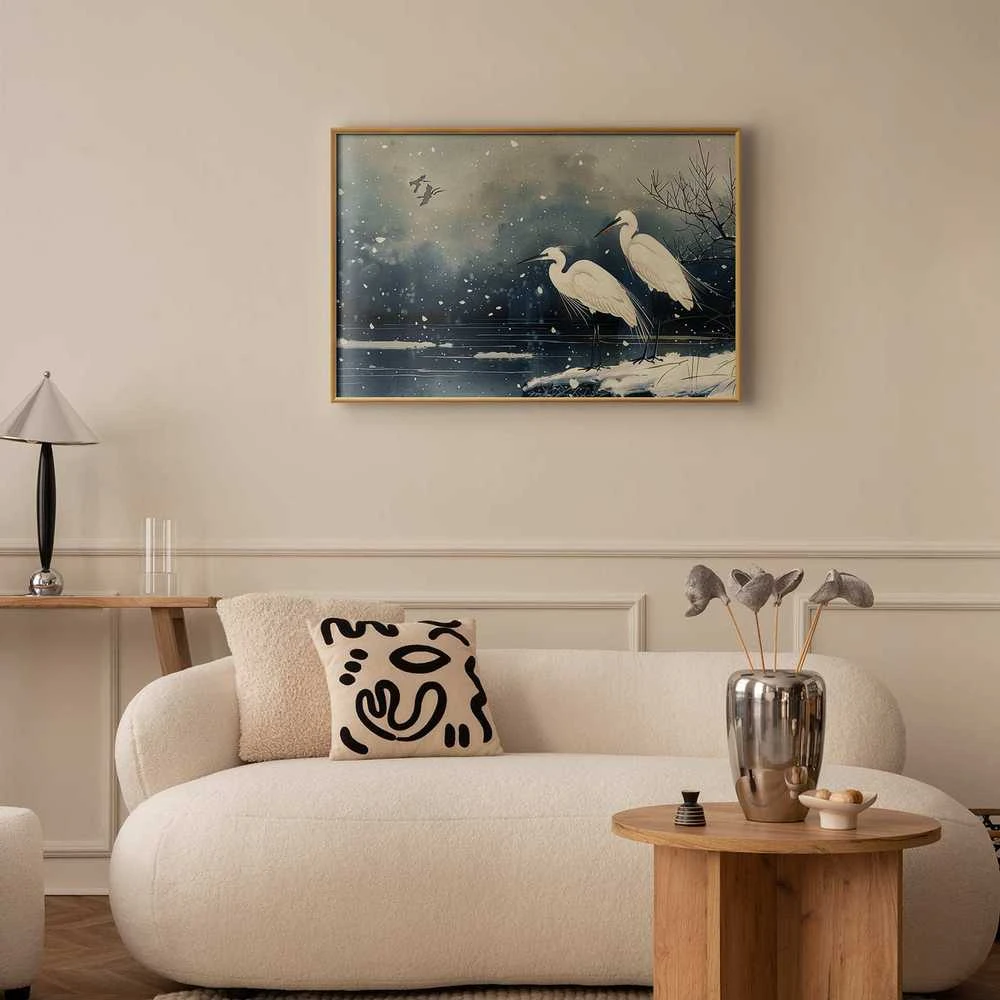 Artgeist Plakatas - Herons over a Winter Pond - illustration in the Japanese style in dark colors