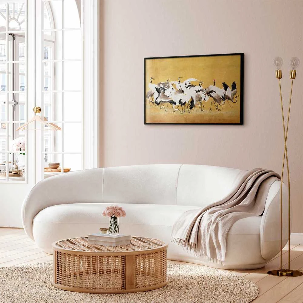 Artgeist Plakatas - Japanese Cranes - a flock of birds against a golden background based on the painting of Ishida Yūtei