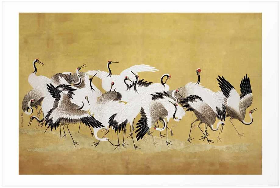 Artgeist Plakatas - Japanese Cranes - a flock of birds against a golden background based on the painting of Ishida Yūtei