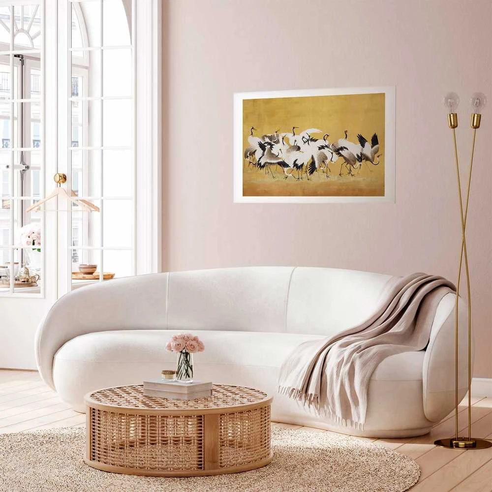 Artgeist Plakatas - Japanese Cranes - a flock of birds against a golden background based on the painting of Ishida Yūtei