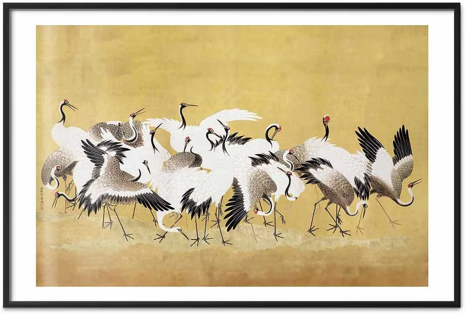 Artgeist Plakatas - Japanese Cranes - a flock of birds against a golden background based on the painting of Ishida Yūtei
