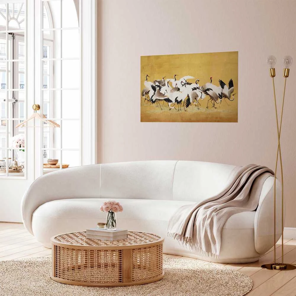 Artgeist Plakatas - Japanese Cranes - a flock of birds against a golden background based on the painting of Ishida Yūtei