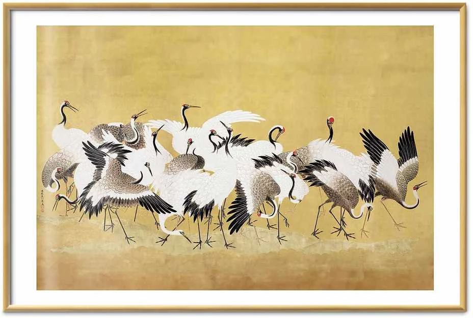 Artgeist Plakatas - Japanese Cranes - a flock of birds against a golden background based on the painting of Ishida Yūtei