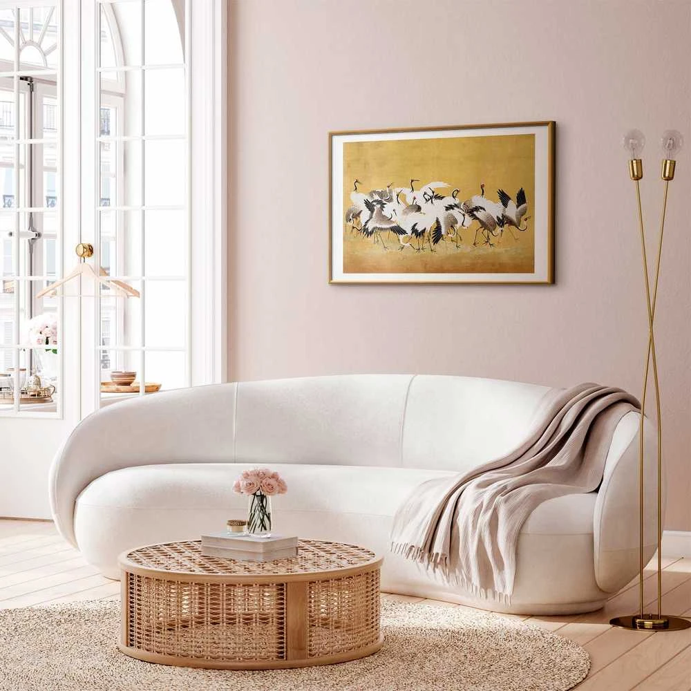 Artgeist Plakatas - Japanese Cranes - a flock of birds against a golden background based on the painting of Ishida Yūtei