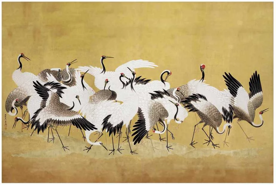 Artgeist Plakatas - Japanese Cranes - a flock of birds against a golden background based on the painting of Ishida Yūtei