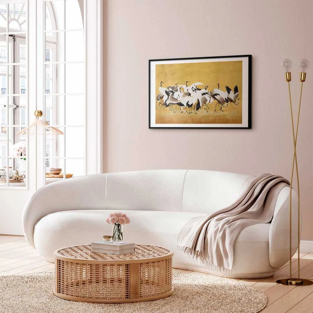 Artgeist Plakatas - Japanese Cranes - a flock of birds against a golden background based on the painting of Ishida Yūtei