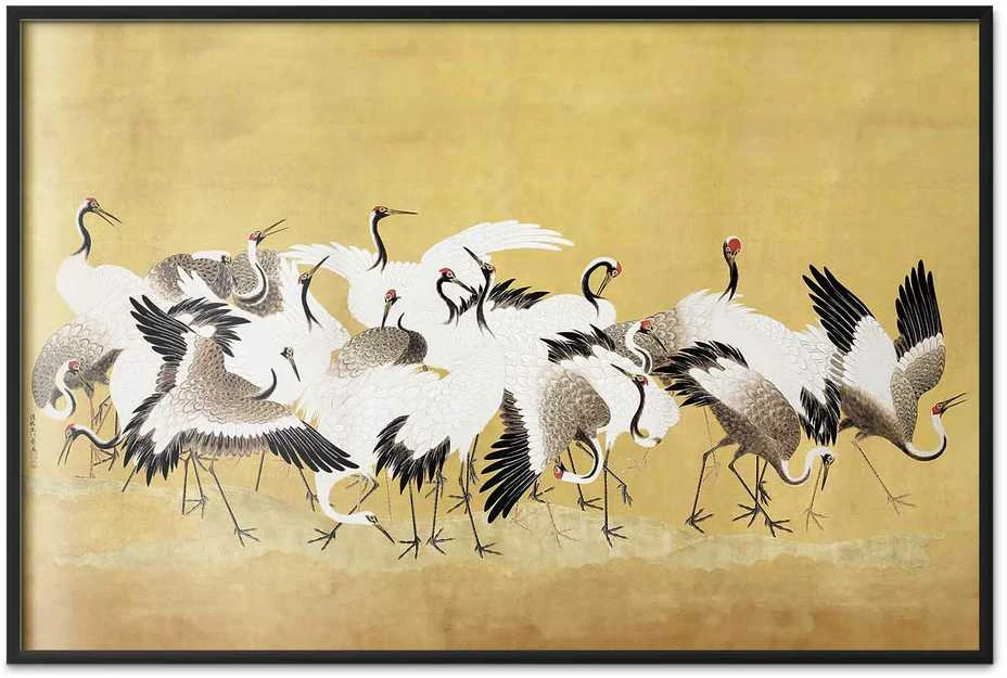 Artgeist Plakatas - Japanese Cranes - a flock of birds against a golden background based on the painting of Ishida Yūtei