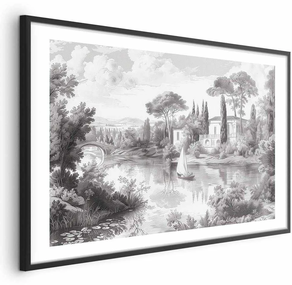 Artgeist Plakatas - Juodas-and-Baltas Vintage Landscape with a Pond