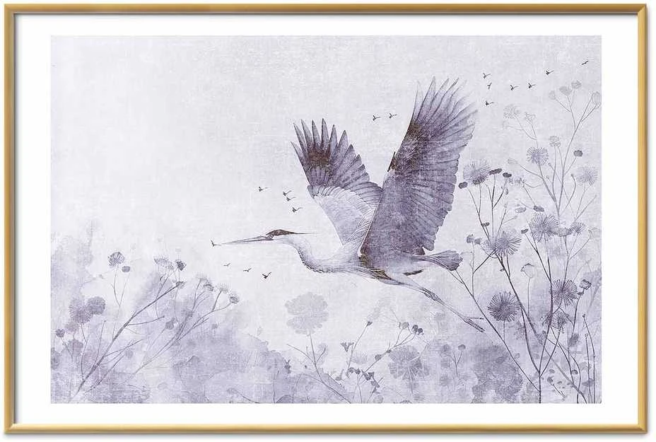 Artgeist Plakatas - Majestic Flight - crane in flight in a monochromatic, cool color palette