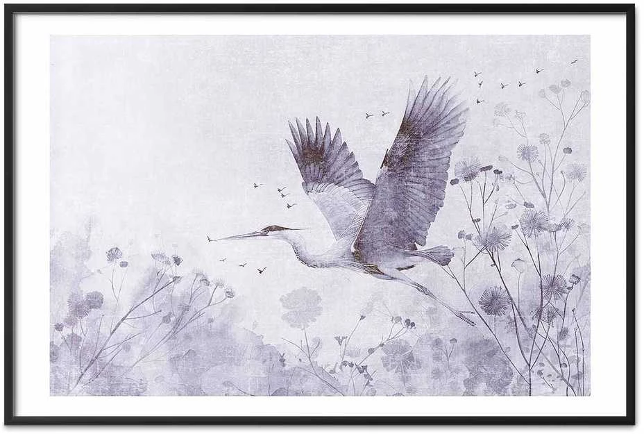 Artgeist Plakatas - Majestic Flight - crane in flight in a monochromatic, cool color palette