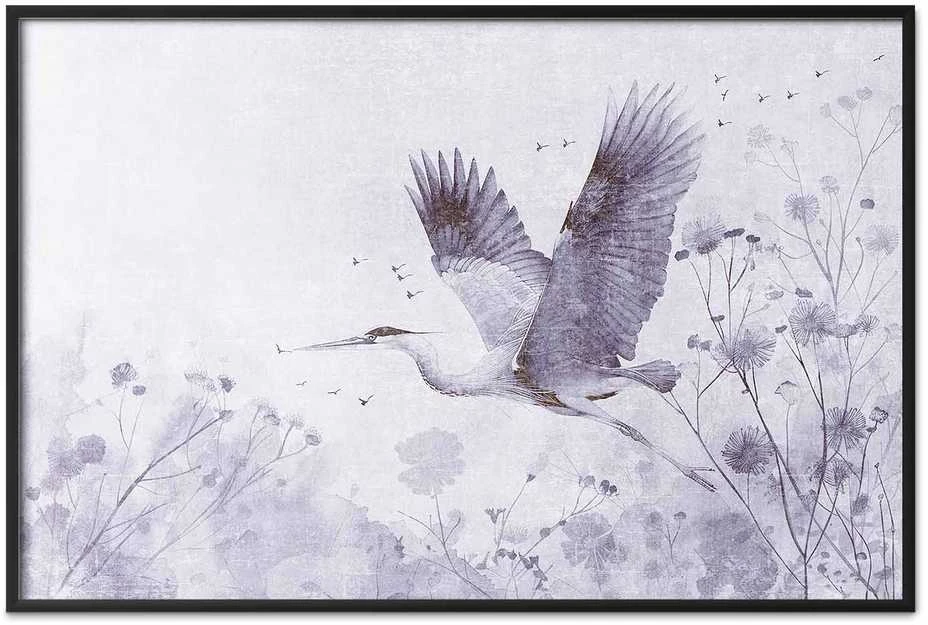 Artgeist Plakatas - Majestic Flight - crane in flight in a monochromatic, cool color palette