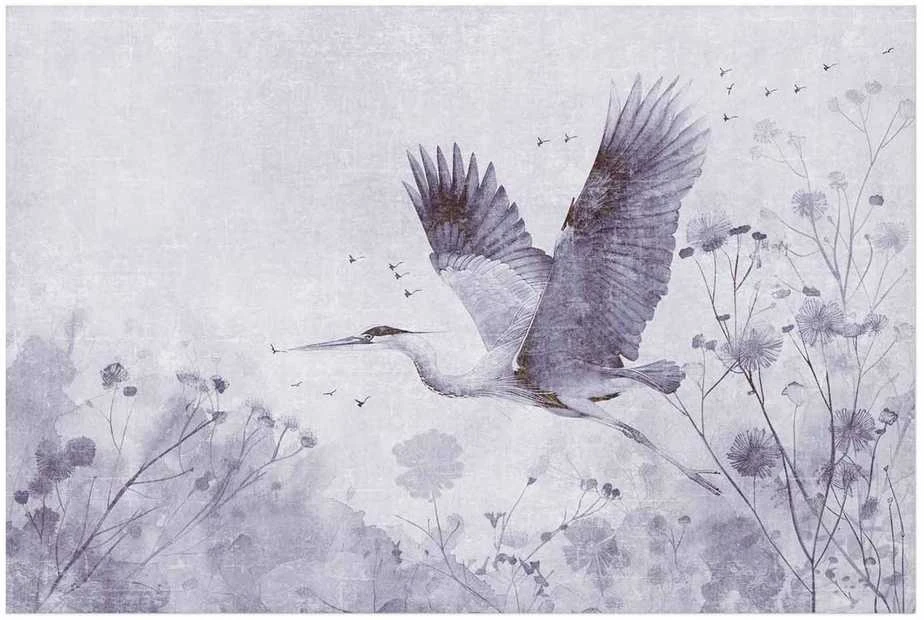 Artgeist Plakatas - Majestic Flight - crane in flight in a monochromatic, cool color palette