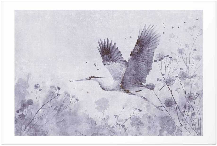 Artgeist Plakatas - Majestic Flight - crane in flight in a monochromatic, cool color palette