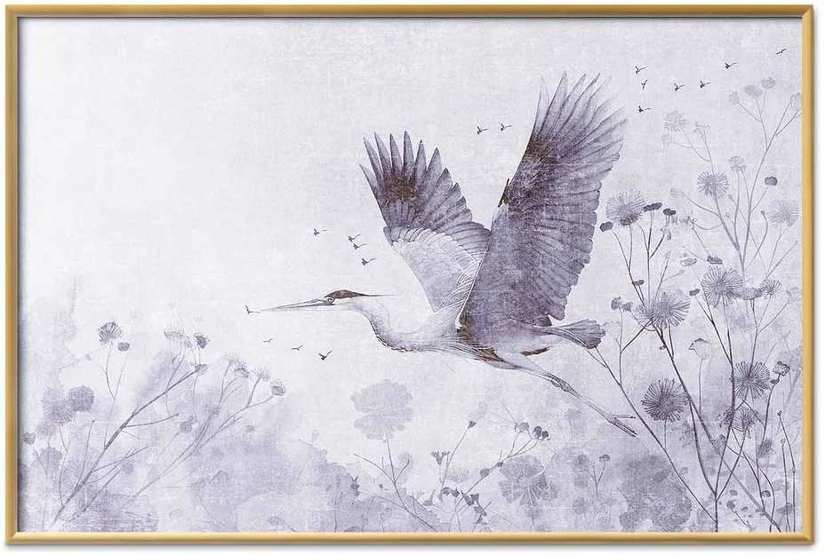 Artgeist Plakatas - Majestic Flight - crane in flight in a monochromatic, cool color palette