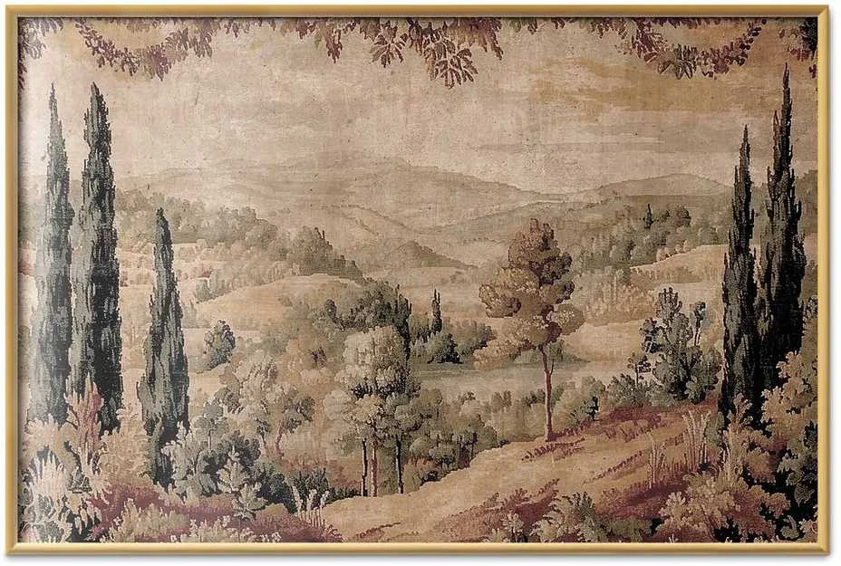Artgeist Plakatas - Mediterranean Landscape - Old Tapestry with a Hill and Lake