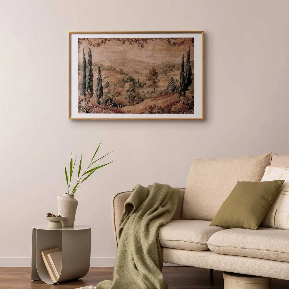 Artgeist Plakatas - Mediterranean Landscape - Old Tapestry with a Hill and Lake