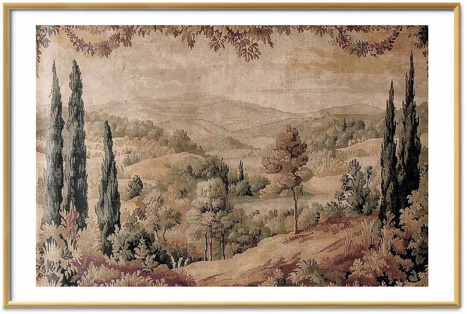 Artgeist Plakatas - Mediterranean Landscape - Old Tapestry with a Hill and Lake