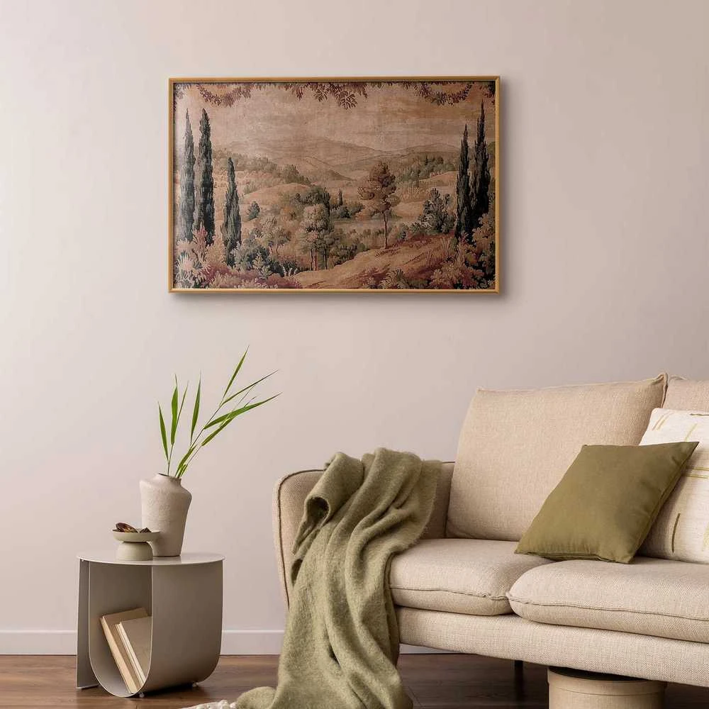 Artgeist Plakatas - Mediterranean Landscape - Old Tapestry with a Hill and Lake