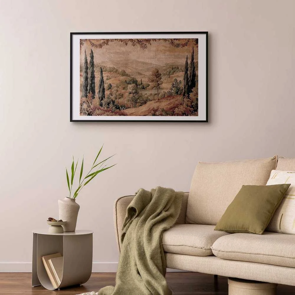 Artgeist Plakatas - Mediterranean Landscape - Old Tapestry with a Hill and Lake