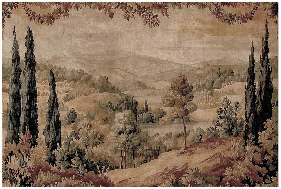 Artgeist Plakatas - Mediterranean Landscape - Old Tapestry with a Hill and Lake