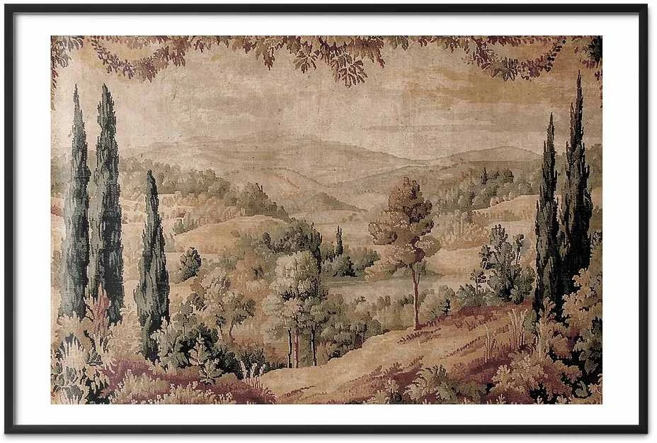 Artgeist Plakatas - Mediterranean Landscape - Old Tapestry with a Hill and Lake