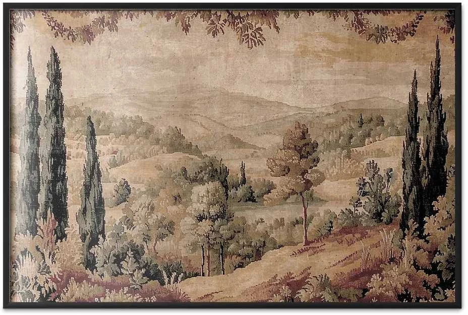 Artgeist Plakatas - Mediterranean Landscape - Old Tapestry with a Hill and Lake