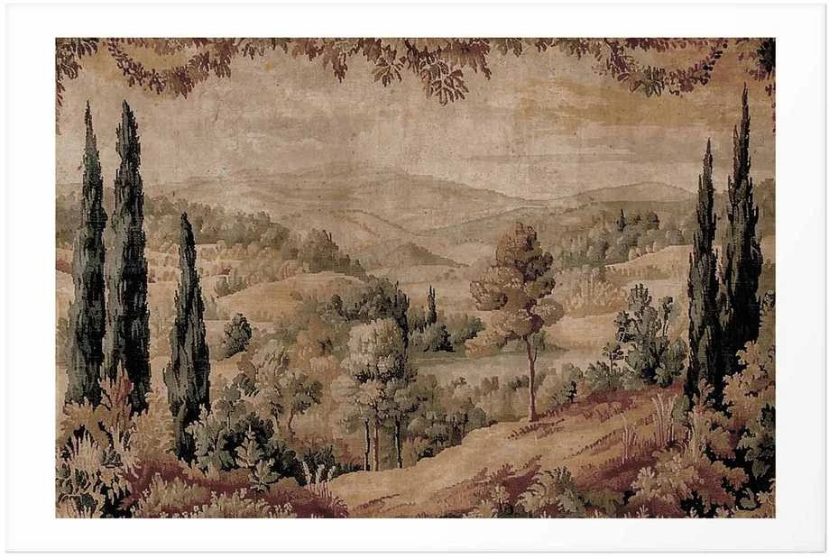 Artgeist Plakatas - Mediterranean Landscape - Old Tapestry with a Hill and Lake