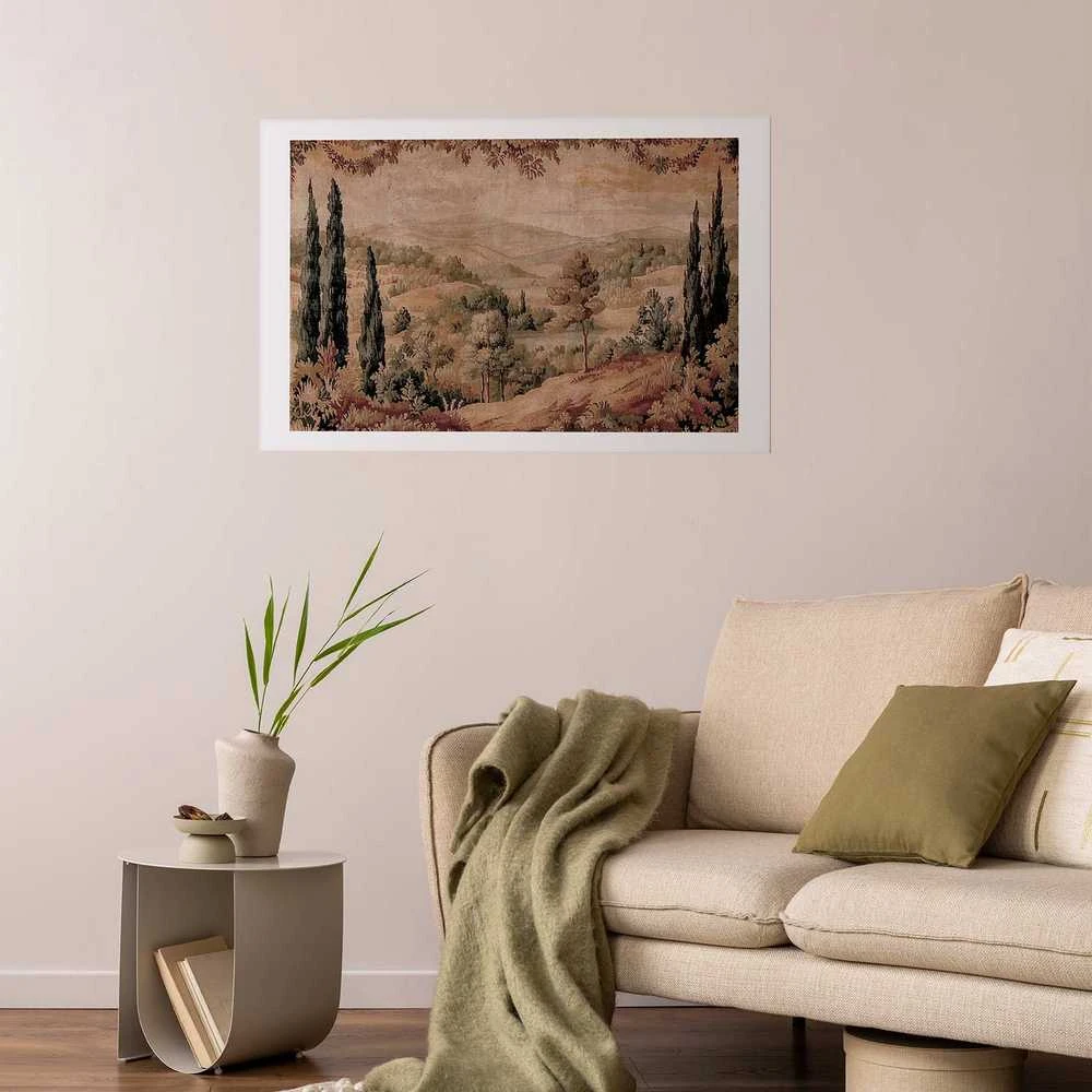 Artgeist Plakatas - Mediterranean Landscape - Old Tapestry with a Hill and Lake