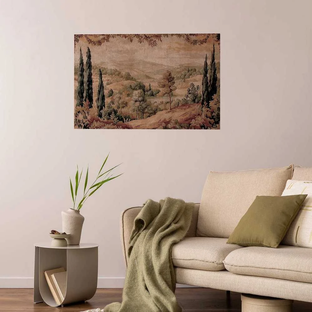 Artgeist Plakatas - Mediterranean Landscape - Old Tapestry with a Hill and Lake