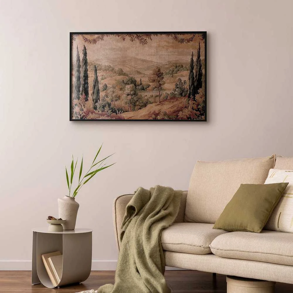 Artgeist Plakatas - Mediterranean Landscape - Old Tapestry with a Hill and Lake