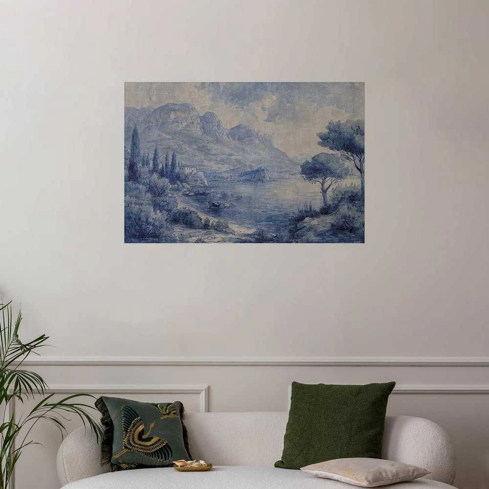 Artgeist Plakatas - Mėlyna Bay - Italian Landscape of Lake Como Painted in Mėlyna Ink