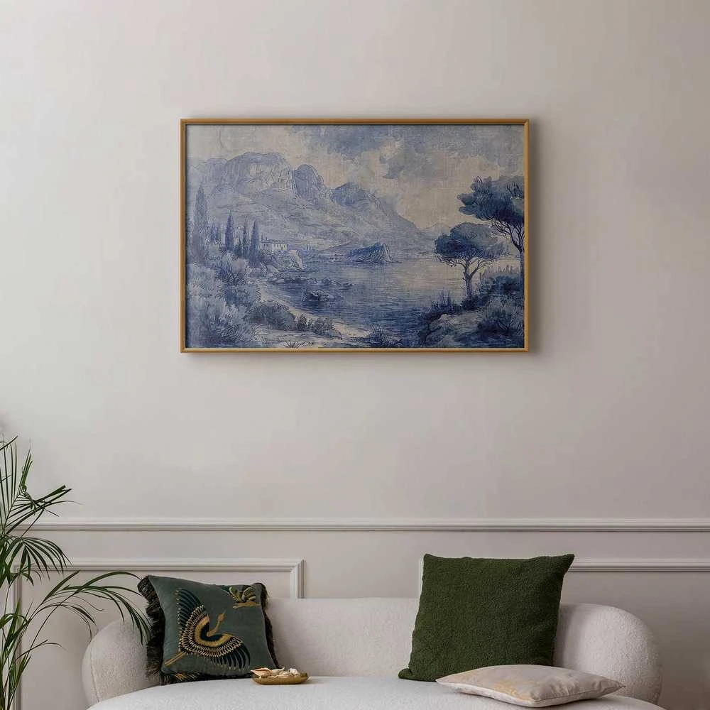 Artgeist Plakatas - Mėlyna Bay - Italian Landscape of Lake Como Painted in Mėlyna Ink