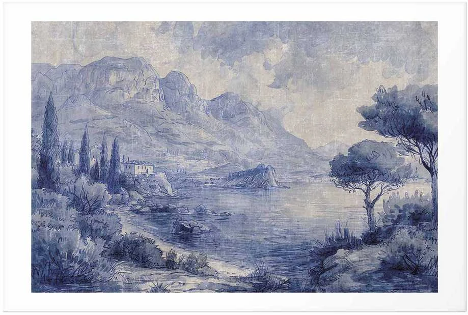 Artgeist Plakatas - Mėlyna Bay - Italian Landscape of Lake Como Painted in Mėlyna Ink