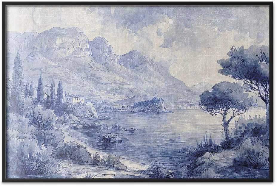 Artgeist Plakatas - Mėlyna Bay - Italian Landscape of Lake Como Painted in Mėlyna Ink