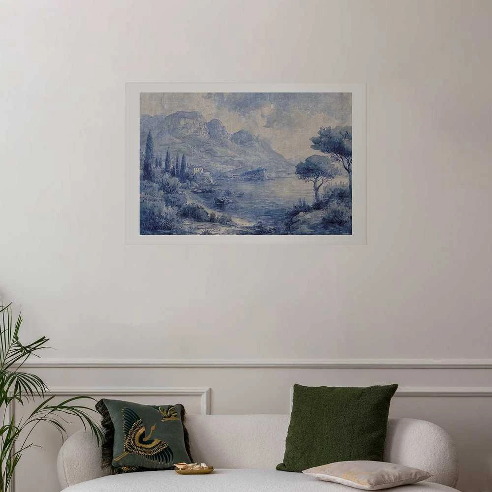 Artgeist Plakatas - Mėlyna Bay - Italian Landscape of Lake Como Painted in Mėlyna Ink