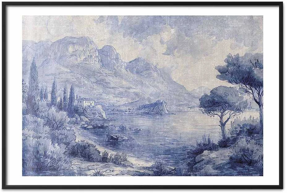 Artgeist Plakatas - Mėlyna Bay - Italian Landscape of Lake Como Painted in Mėlyna Ink