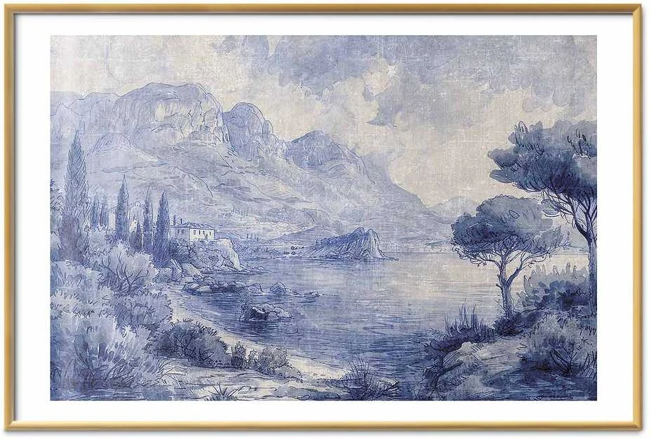 Artgeist Plakatas - Mėlyna Bay - Italian Landscape of Lake Como Painted in Mėlyna Ink