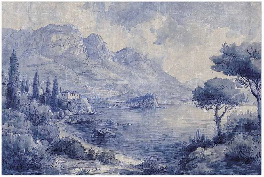 Artgeist Plakatas - Mėlyna Bay - Italian Landscape of Lake Como Painted in Mėlyna Ink