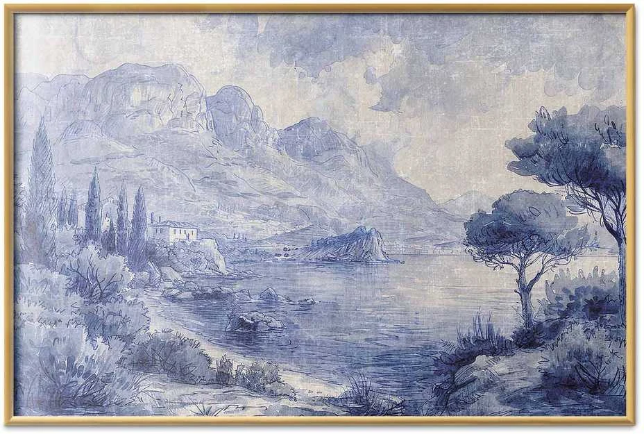 Artgeist Plakatas - Mėlyna Bay - Italian Landscape of Lake Como Painted in Mėlyna Ink