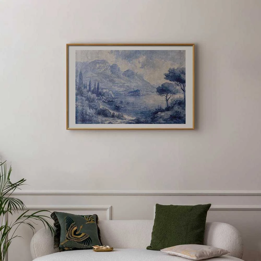 Artgeist Plakatas - Mėlyna Bay - Italian Landscape of Lake Como Painted in Mėlyna Ink