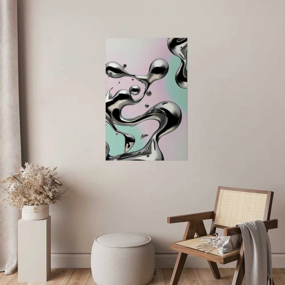 Artgeist Plakatas - Metallic Fluidity - abstract sidabrinis forms on a mint-violetinė background