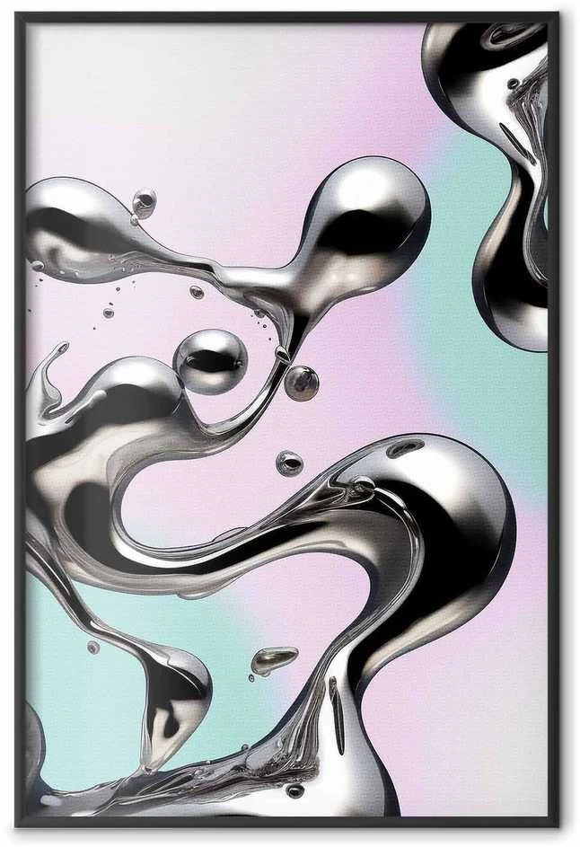 Artgeist Plakatas - Metallic Fluidity - abstract sidabrinis forms on a mint-violetinė background