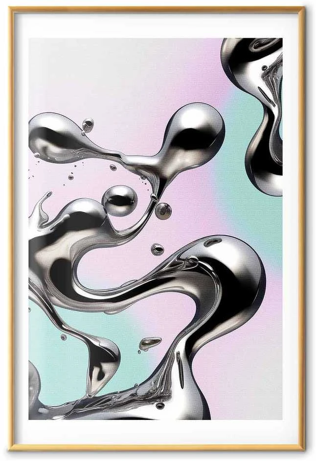 Artgeist Plakatas - Metallic Fluidity - abstract sidabrinis forms on a mint-violetinė background