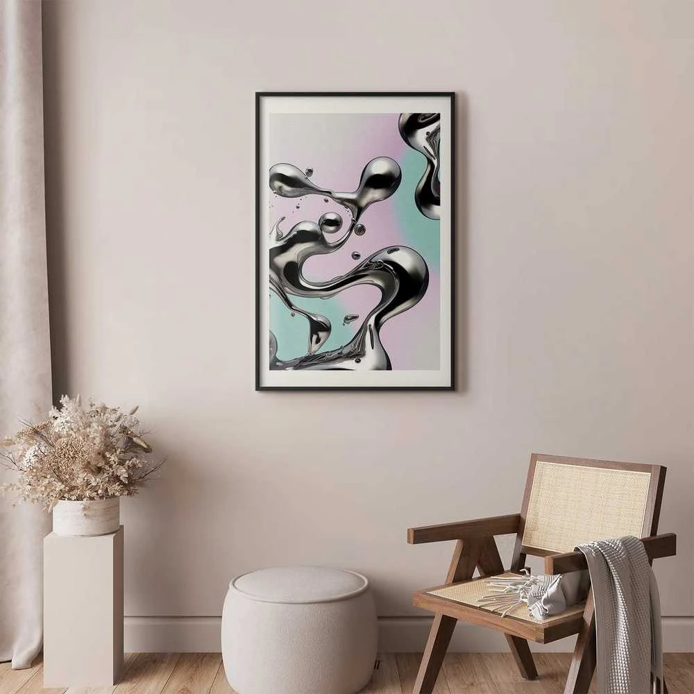 Artgeist Plakatas - Metallic Fluidity - abstract sidabrinis forms on a mint-violetinė background