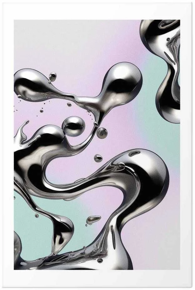 Artgeist Plakatas - Metallic Fluidity - abstract sidabrinis forms on a mint-violetinė background
