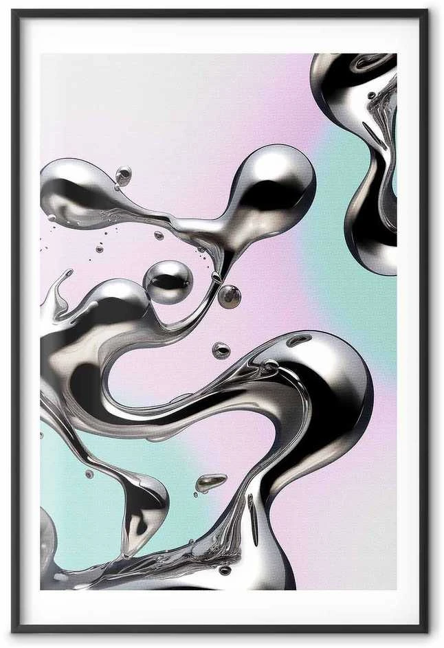 Artgeist Plakatas - Metallic Fluidity - abstract sidabrinis forms on a mint-violetinė background